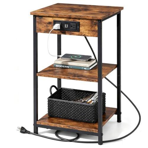 End Table with Charging Station, Small Night Stand with Storage Adjustable Shelf, Side Tables for Small Spaces, Bedside Tables for Living Room, Bedroom, Rustic Brown
