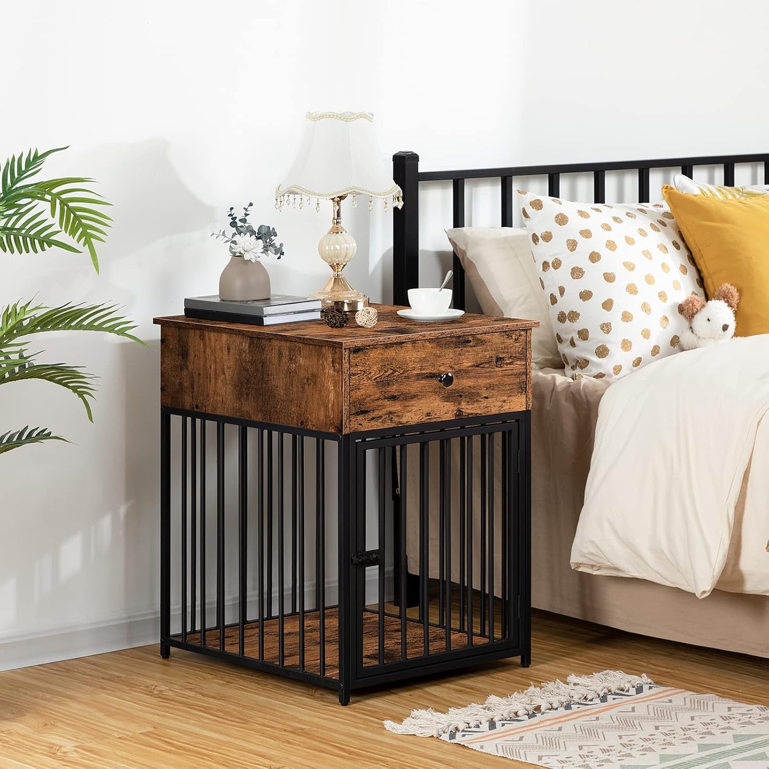 Dog Crate Furniture, Wooden Dog House, Decorative Dog Kennel with Drawer, Indoor Pet Crate End Table for Small Dog, Steel-Tube Puppy Cage, Chew-Proof, Rustic Brown and Black BF01GW03