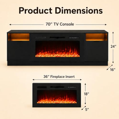 70” Fireplace TV Stand, Modern LED Entertainment Center, view 3