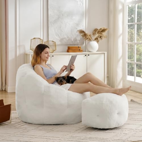 46" Oversized Flower Bean Bag Chair with Ottoman for Adults,Large Cozy Beanbag Chair with Artificial Rabbit Fur Fabric,Boneless Sofa for Living Room,Reading Room and Apartment.(Cream)
