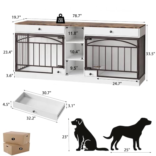 Dog Crate Furniture for 2 Dogs, Dog Kennel Indoor with Storage and Feeding Bowls, view 3