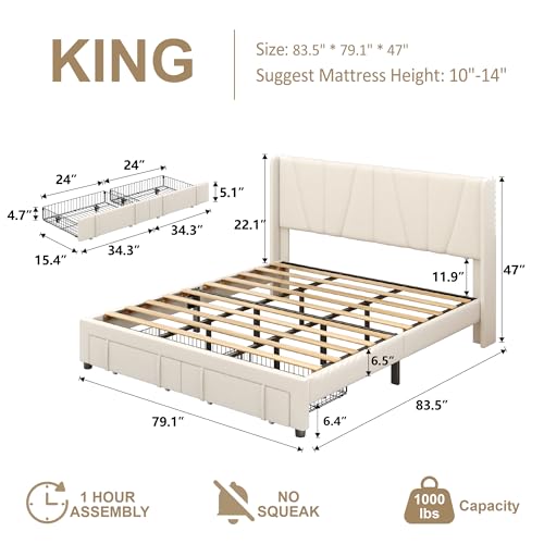King Bed Frame with Storage Drawers, view 3