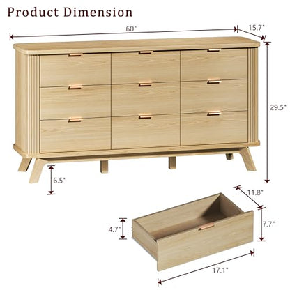Fluted 9 Drawers Dresser, 60" Mid Century Modern & Chests of Drawers, view 3