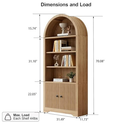 70" Modern Tall Arched Bookshelf, 2 Doors 6 Tiers Arch Cabinets with Storage, view 3