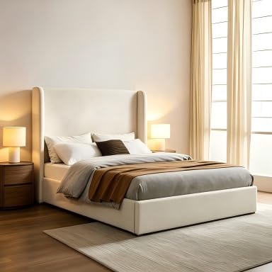 Queen Carmen Wingback Platform Bed 54" High Ivory Canvas Upholstered Headboard, view 6