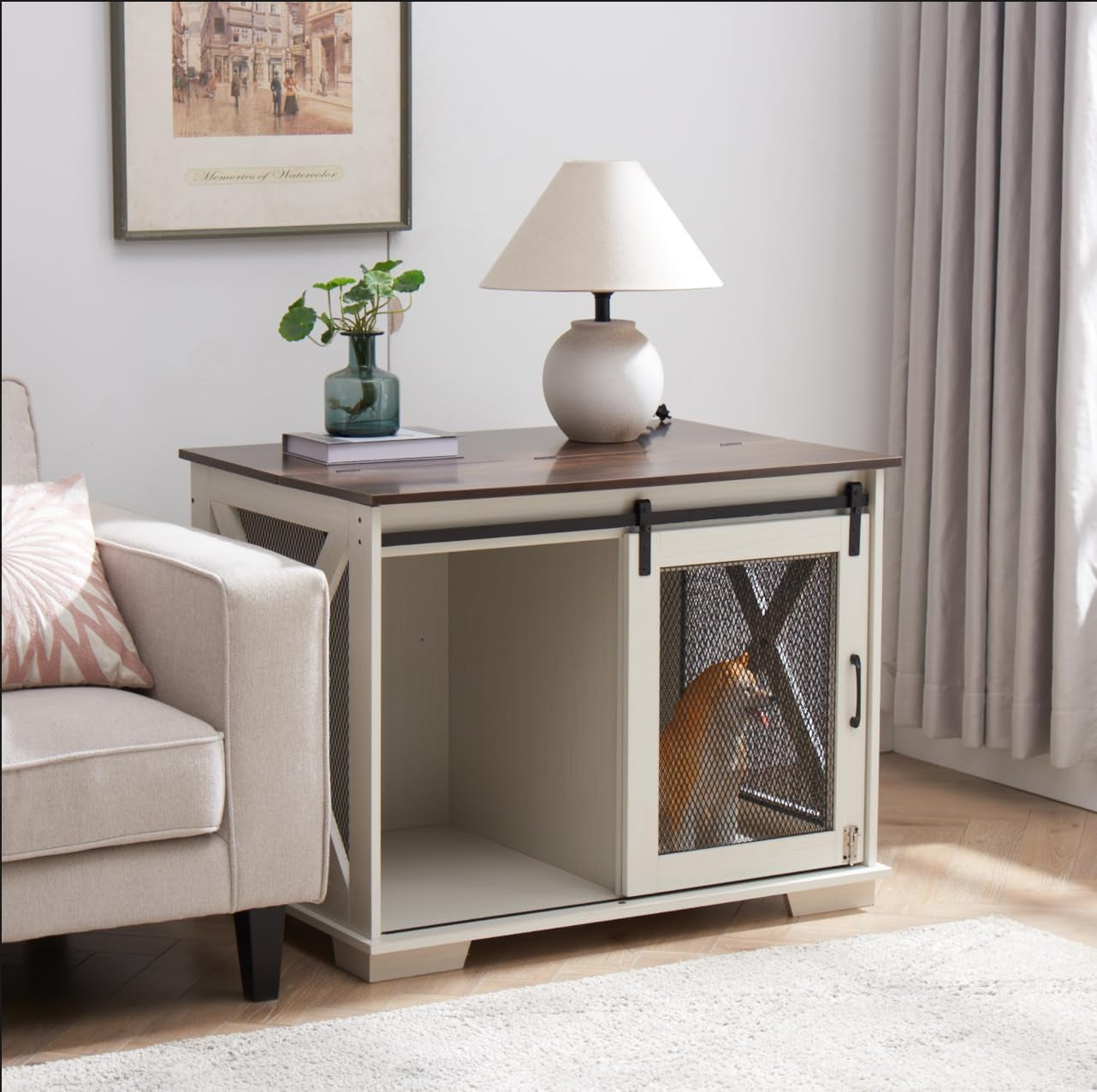 Dog Crate Furniture, Dog Kennel End Table Dog Kennel Indoor with Sliding Barn Door Heavy Duty Dog Cage XL Dog Crate Side Table with Flip-Top Plate and Detachable Divider for Medium, Large Dog