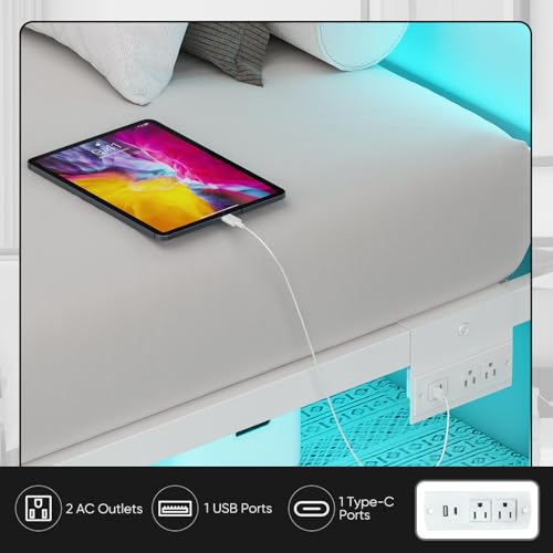 White Metal Bed Frame with RGB Lights and USB, Underbed Storage, view 8