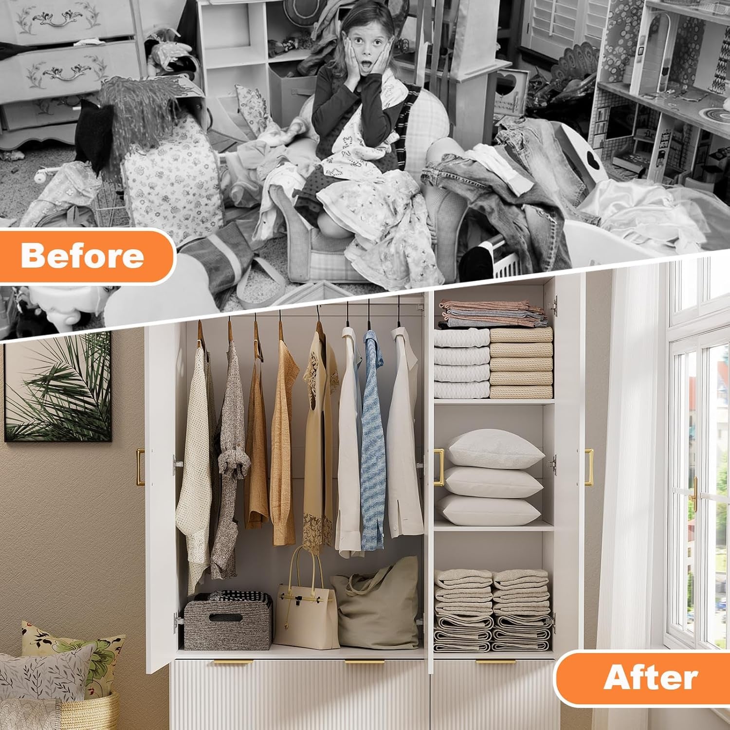 Armoire Wardrobe Closet with 3 Door, Bedroom Armoires with Mirror and LED Lights, Hanging Rod, Drawers, Large Capacity Storage Wardrobe Armoire for Bedroom