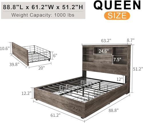 5-Piece Farmhouse Bedroom Set, 1 X Queen Size Bed Frame, 1 X 5 Drawer Dresser, 1 X Wood Rustic 6 Drawer Storage Dresser, Nightstand Set of 2 with Charging Station, Bedroom Furniture Set, Grey