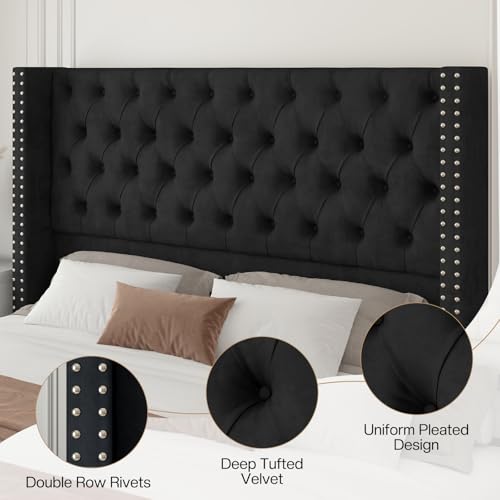 Queen Size Bed Frame with 51.6" Velvet Wingback Headboard, Black, view 4