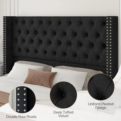 Queen Size Bed Frame with 51.6" Velvet Wingback Headboard, Black, view 4