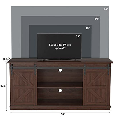TV Stand for 65 Inch TV, Entertainment Center with Storage Cabinets and Sliding Barn Doors, Mid Century Modern Media TV Console Table for Living Room Bedroom (Brown)