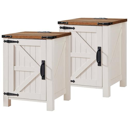 18" Farmhouse End Table Set of 2, Antique White | Rustic Nightstand, Charging Station, Barn Door, Adjustable Storage Shelf, Wood Sofa Side Table, Living Room, Bedroom