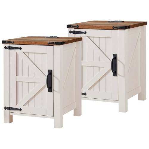 18" Farmhouse End Table Set of 2, Antique White | Rustic Nightstand, Charging Station, Barn Door, Adjustable Storage Shelf, Wood Sofa Side Table, Living Room, Bedroom