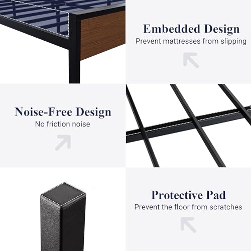 Full Size Bed Frame, Heavy Duty 12 Metal Slats Support, Walnut, view 7
