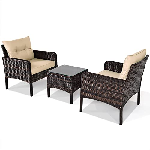 3 Piece Patio Furniture Set, Outdoor Wicker Conversation Bistro Set with 4 Cushions, All Weather PE Rattan Furniture Set for Garden, Backyard, Porch, Poolside (Beige)