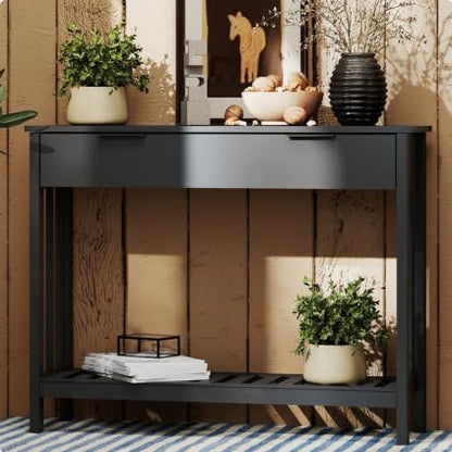 Black Narrow Console Table with Drawer Storage Shelf, Modern Wooden Entryway Sofa Table, 39 Inch Slim Behind Couch Table, Side Display Console Table for Living Room,Office,Black