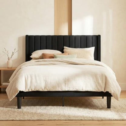 Queen Modern Upholstered Platform Bed Frame with Headboard, Black, view 2