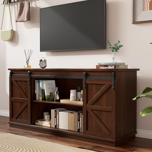 TV Stand for Televisions up to 65 Inches, with Sliding Barn Doors and Storage Cabinets, Console Table and Media Furniture for Living Room, 58 Inch, Espresso