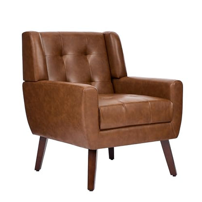 Faux Leather Accent Chair, Modern Upholstered Club Arm Chair for Living Room, Comfy Armchair Single Sofa Seat with Solid Wooden Legs (Coffee)