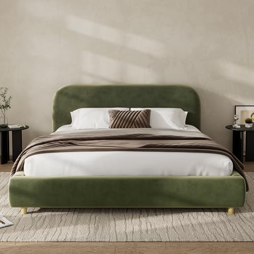 Queen Velvet Fabric Platform Bed with Curved Headboard, Olive Green, view 2