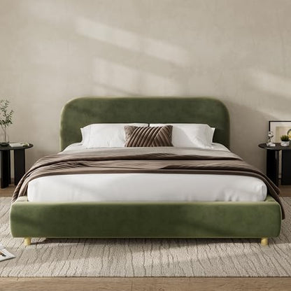 Queen Velvet Fabric Platform Bed with Curved Headboard, Olive Green, view 2