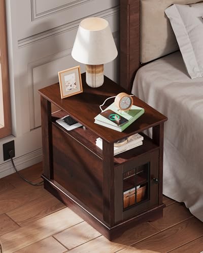 Farmhouse End Table with Charging Station, Narrow Side Table with Storage, Small Nightstand with USB Ports and Outlets ，Bedside Cabine for Bedroom, Living Room,Espresso