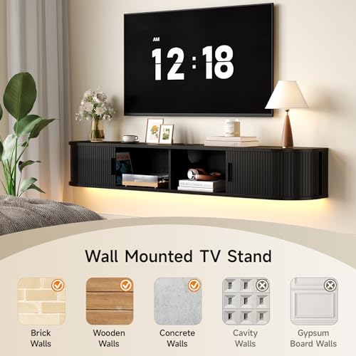 71" Floating TV Stand, Wall Mounted Entertainment Center Black, view 6