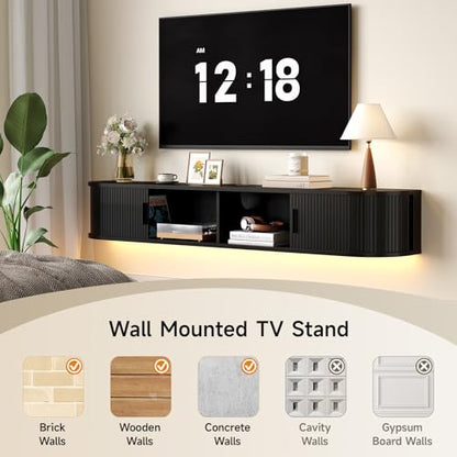 71" Floating TV Stand, Wall Mounted Entertainment Center Black, view 6