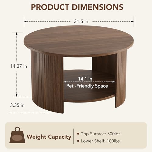 Round Coffee Table with Storage, 31.5" Modern Fluted Center Table, 2-Tier Mid Century Coffee Table, Wood Circle Table for Living Room, Home Office, Small Space, Walnut