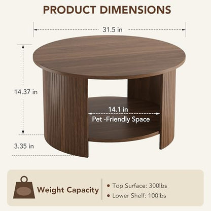 Round Coffee Table with Storage, 31.5" Modern Fluted Center Table, 2-Tier Mid Century Coffee Table, Wood Circle Table for Living Room, Home Office, Small Space, Walnut