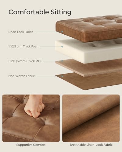 SONGMICS Small Folding Storage Ottoman, Synthetic Leather, Coffee Brown | Foot Rest Stool, Cube Footrest, 12.2 x 16.1 x 12.2 Inches, 286 lb Capacity, Bedroom, Dorm, ULSF100K01