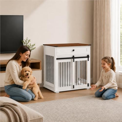 31.5” Dog Crate Furniture, Farmhouse Wooden Indoor Dog Kennel with Drawer, view 3