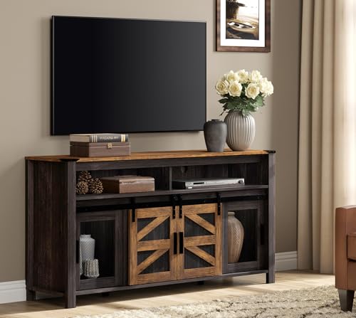 Farmhouse Entertainment Center for 65 Inch TVs, 59" Barn Door TV Stand with Sliding Barn Doors & Mesh Accents, Adjustable Farmhouse TV Stand with Storage for Living Room, Dark Walnut and Black