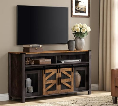 Farmhouse Entertainment Center for 65 Inch TVs, 59" Barn Door TV Stand with Sliding Barn Doors & Mesh Accents, Adjustable Farmhouse TV Stand with Storage for Living Room, Dark Walnut and Black