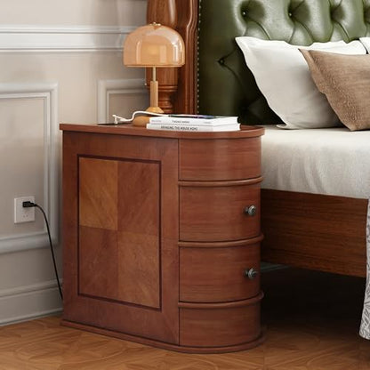 Narrow Solid Wood End Table with Charging Station, Brown | Vintage Slim Sofa Side Table & Nightstand, 2 Drawers, Compact Wood Storage, Fully Assembled