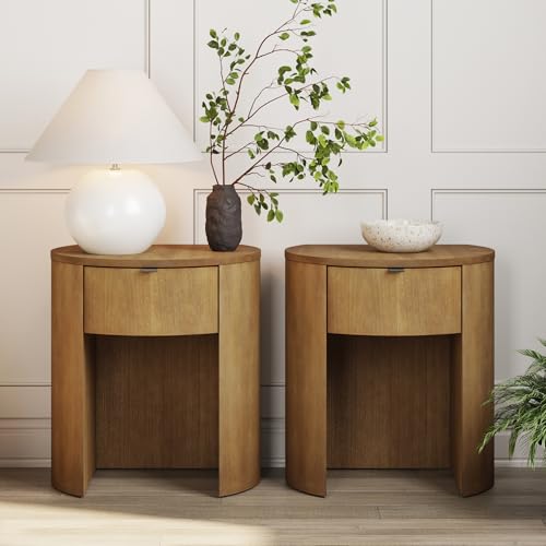 Set of 2 light brown solid wood nightstands with drawer, view 2