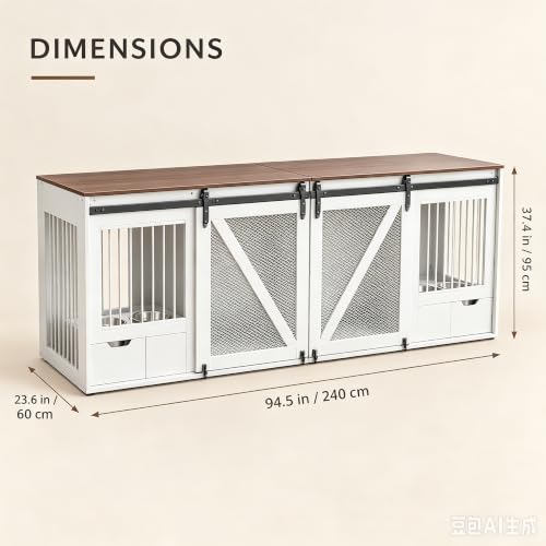94.5" Double Dog Crate Furniture, Double Dog Kennel TV Stand White, view 4