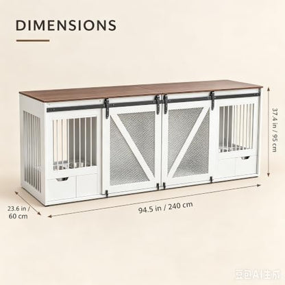 94.5" Double Dog Crate Furniture, Double Dog Kennel TV Stand White, view 4