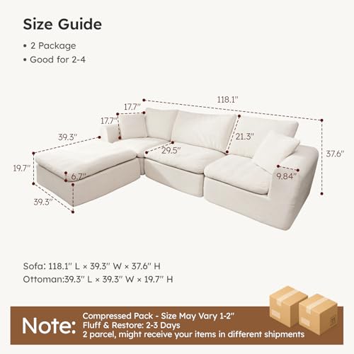 Oversized Modular Sectional Sofa, Boneless Cloud Couch with L-Shaped Chaise, Upholstered Deep Seat Comfy Couch for Living Room, No Assembly | for Living Room