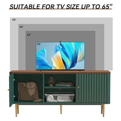 55” Fluted TV Stand, Mid Century Modern Green TV Stand for 55/60/65 inch TV, Entertainment Center with Storage, Television Stands, TV Console, Media Console for Living Room, Bedroom (Green)