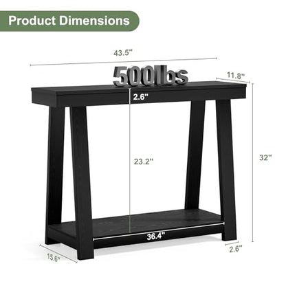 Black Console Table, 43.5 Inch Narrow Black Entryway Table with 2-Tier Storage, 500lbs Heavy Duty Sofa Table Behind Couch, Hallway Entry Table for Small Spaces, Living Room & Foyer