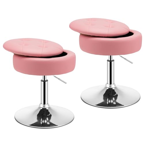 Adjustable Swivel Vanity Stool Set of 2, 360° Swivel 20"-26" Height Adjustable Tufted Round PU Leather Ottoman with Storage, Modern Accent Makeup Chair for Living Room Bedroom, Pink