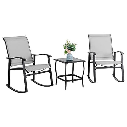 3 Piece Outdoor Rocking Bistro Set, Textilene Fabric Small Patio Furniture Set, Front Porch Rocker Chairs Conversation Set with Glass Table for Lawn, Garden, Balcony, Poolside (Light Gray)
