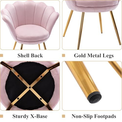 Light Pink Makeup Vanity Chair with Back, Modern Velvet Upholstered Small Accent Chair with Gold Metal Legs, Cute Shell Shaped Vanity Stool Desk Chair for Living Room Bedroom Dressing Room
