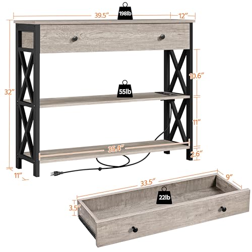Yaheetech Console Table with Power Outlets and USB Ports, Wooden Entryway Table with Drawer and Open Shelves, Narrow Sofa Tables with Metal Frame for Living Room, Couch, Hallway, Grey