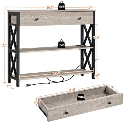 Yaheetech Console Table with Power Outlets and USB Ports, Wooden Entryway Table with Drawer and Open Shelves, Narrow Sofa Tables with Metal Frame for Living Room, Couch, Hallway, Grey