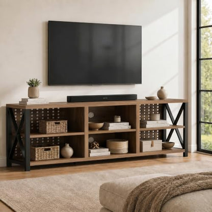 Rustic Entertainment Center for 65 Inch TV, Industrial Wood and Metal TV Stand with Storage Shelf, Modern Television Media Console Table with Cabinet for Living Room Bedroom, Rustic Oak, 55 Inch