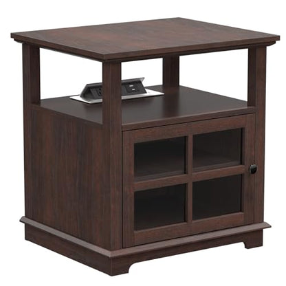 24''Tall End Table with Charging Station, Adjustable Shelf, Storage Side Table,21" Large Nightstand for Living Room, Bedroom,Espresso