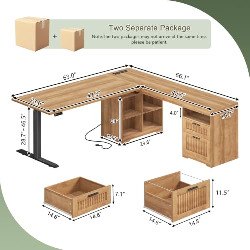 66 inch Fluted L Shaped Standing Desk with Storage for Home Office, view 3